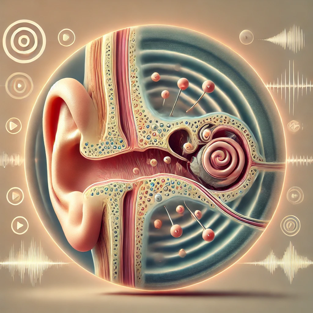 Diagram of an ear showing damaged hair cells in the cochlea affected by sound waves, representing noise-induced hearing loss