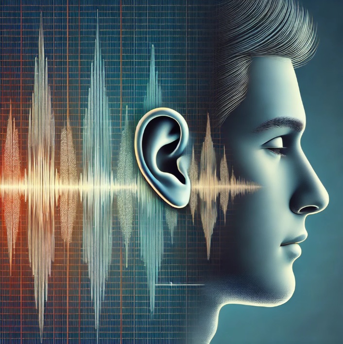 Illustration of gradual hearing loss with sound waves fading as they approach an ear, representing diminished sound perception