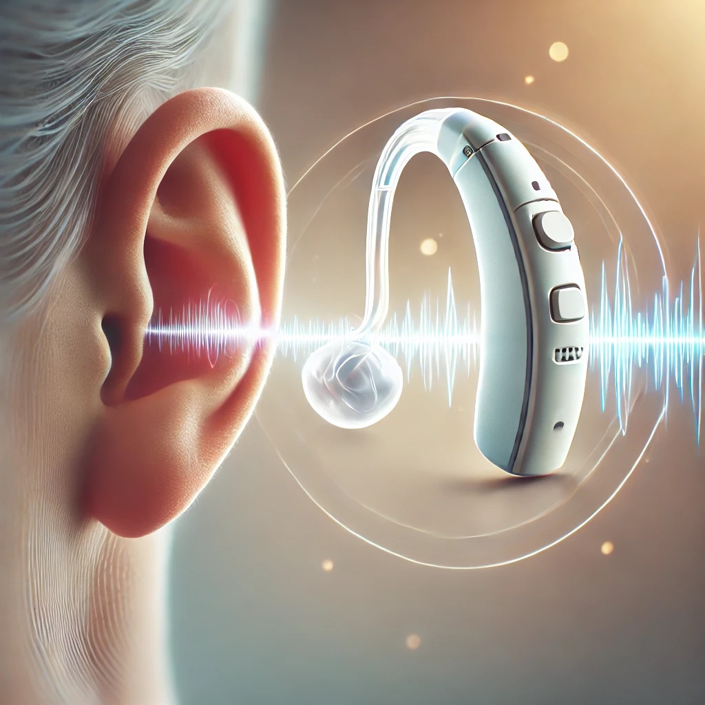 Illustration of a person with a modern hearing aid in their ear, with clear sound waves approaching, symbolizing improved hearing with the use of hearing aids