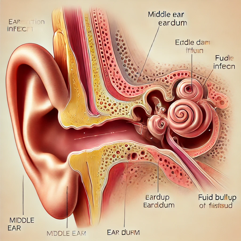  Illustration of an ear infection showing fluid buildup behind the eardrum in the middle ear