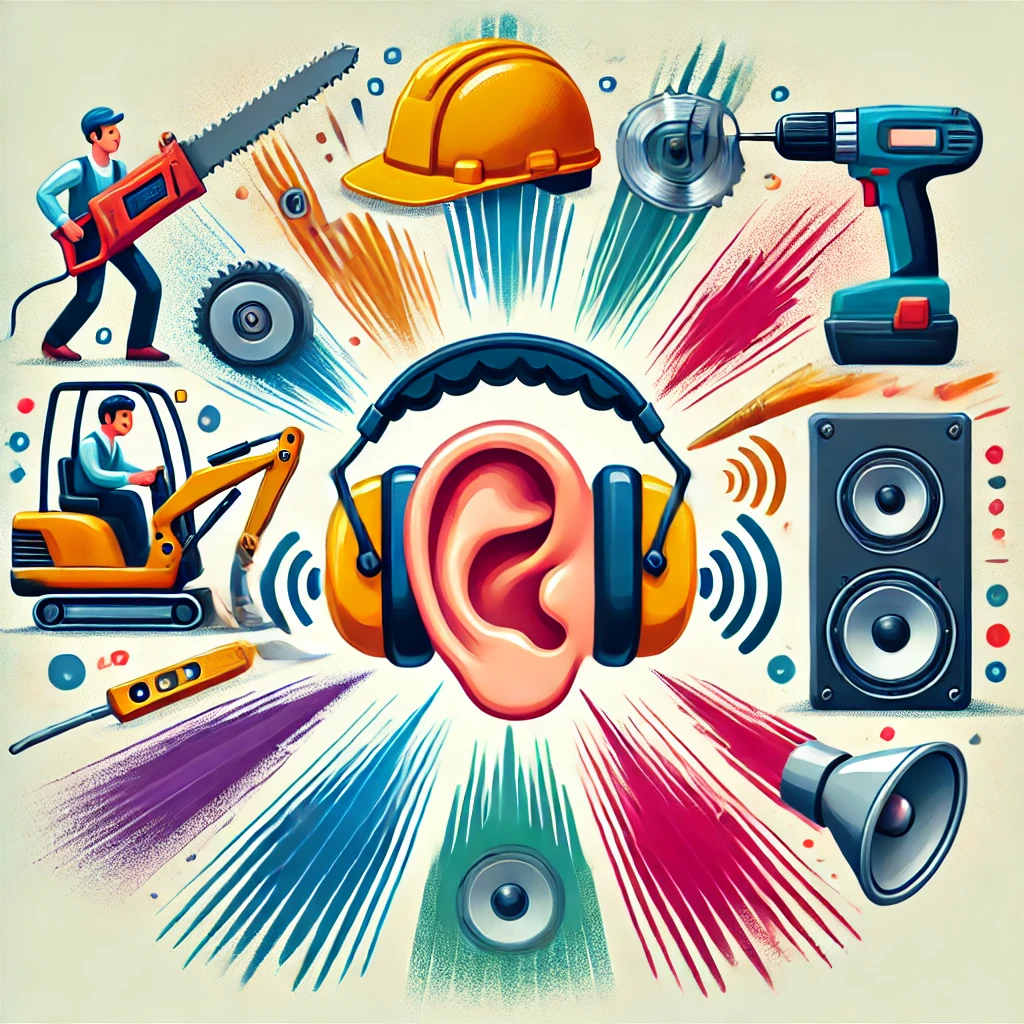 An ear surrounded by sound waves from common noise sources like construction equipment, headphones, and concert speakers