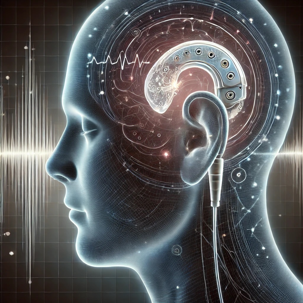 Illustration of a person with a cochlear implant device behind the ear, showing signals transmitting to the auditory nerve, symbolizing how the implant restores hearing by bypassing damaged areas