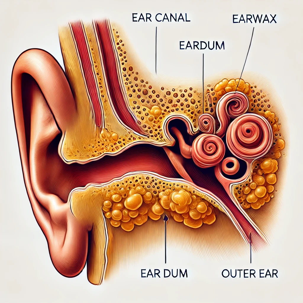 Illustration of earwax blockage showing earwax buildup in the ear canal