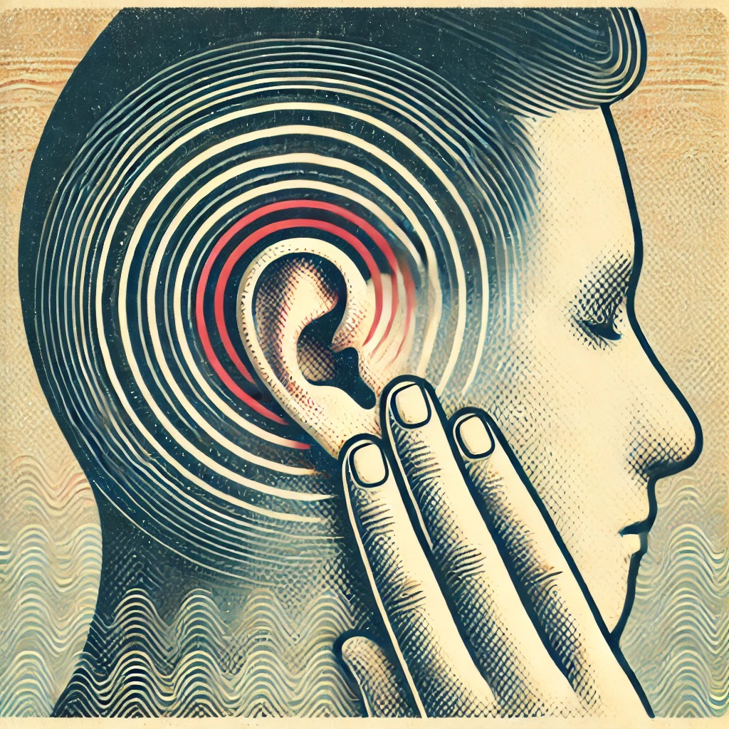 Illustration of tinnitus showing a person holding their ear with swirling soundwaves around it, symbolizing ringing in the ears