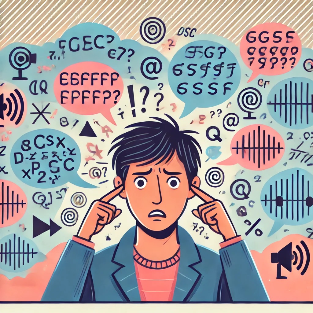 Illustration of difficulty understanding speech with a person surrounded by garbled speech bubbles, indicating challenges in processing spoken words