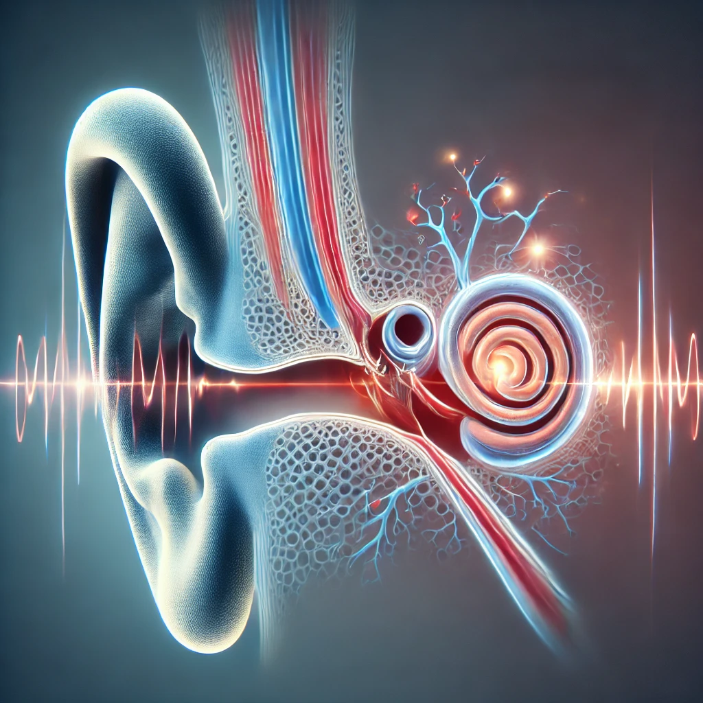 Illustration of Sudden Sensorineural Hearing Loss highlighting damage to the cochlea and auditory nerve