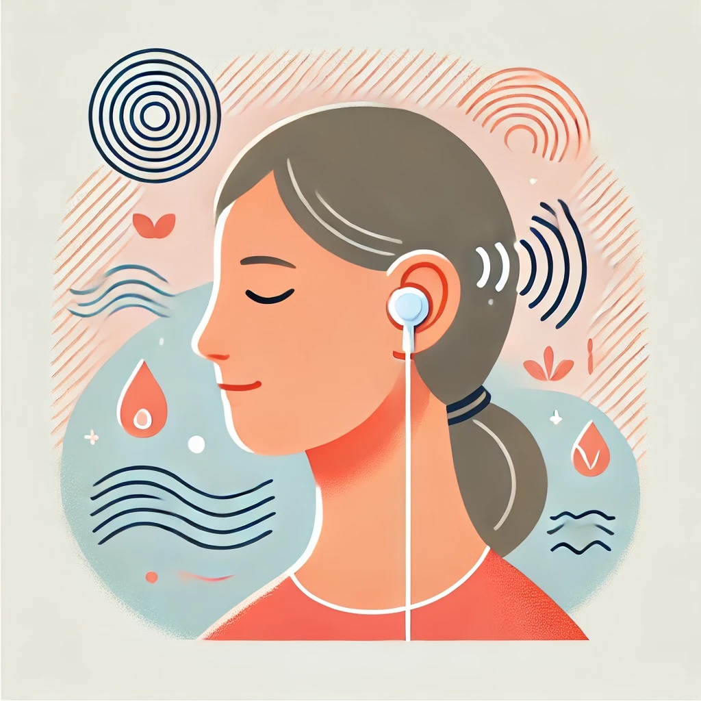 Illustration of a person wearing earbuds or a sound therapy device with gentle sound waves flowing toward their ears, symbolizing relief and management of tinnitus symptoms