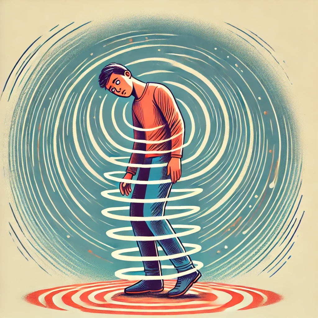 Illustration of dizziness and balance issues showing a person struggling to stay upright with swirling lines around them, representing vertigo and disorientation