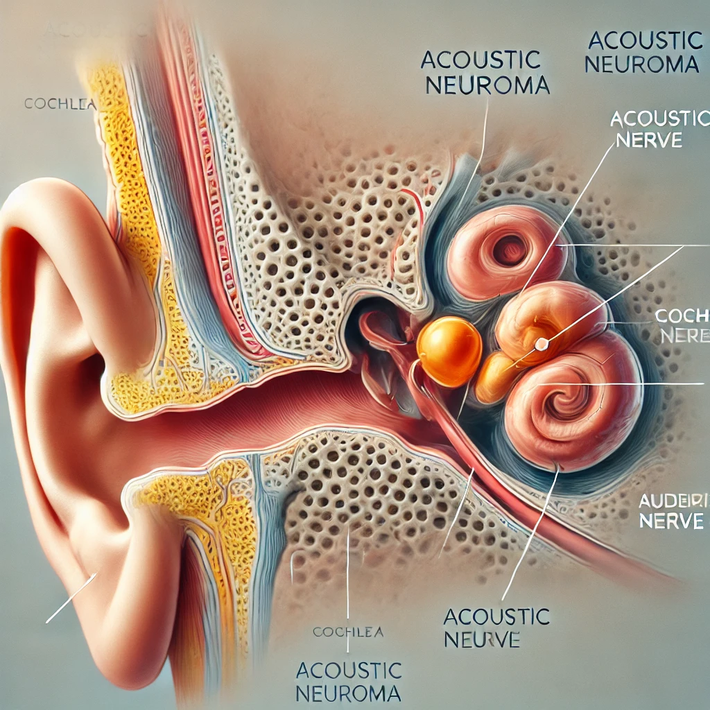 Medical illustration of an acoustic neuroma showing a benign tumor pressing against the auditory nerve