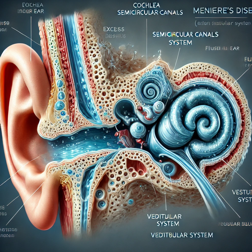 Illustration of Meniere’s disease highlighting fluid buildup in the inner ear affecting the cochlea and semicircular canals