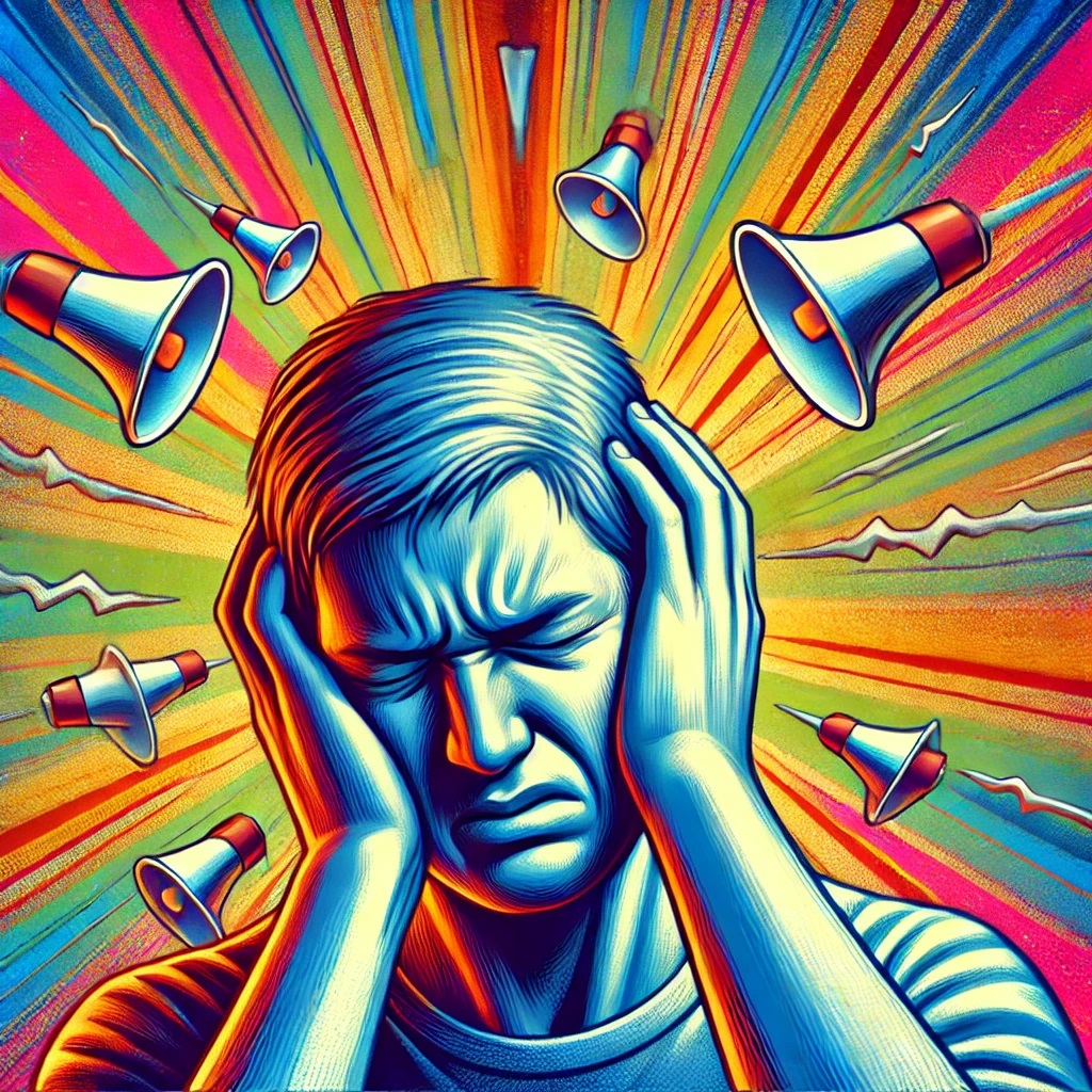 Illustration of sensitivity to loud sounds showing a person covering their ears as exaggerated sound waves approach, symbolizing discomfort from everyday noises