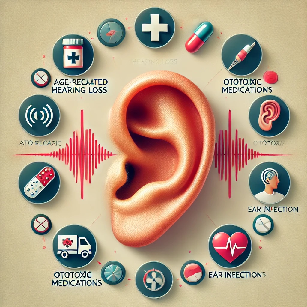 Various causes of hearing loss, including aging, ototoxic medications, and ear infections, represented by distinct symbo