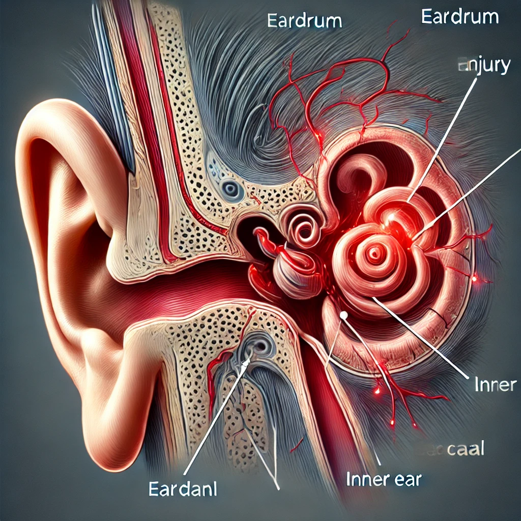 6 Medical illustration showing ear trauma with a ruptured eardrum and damage to inner ear structures