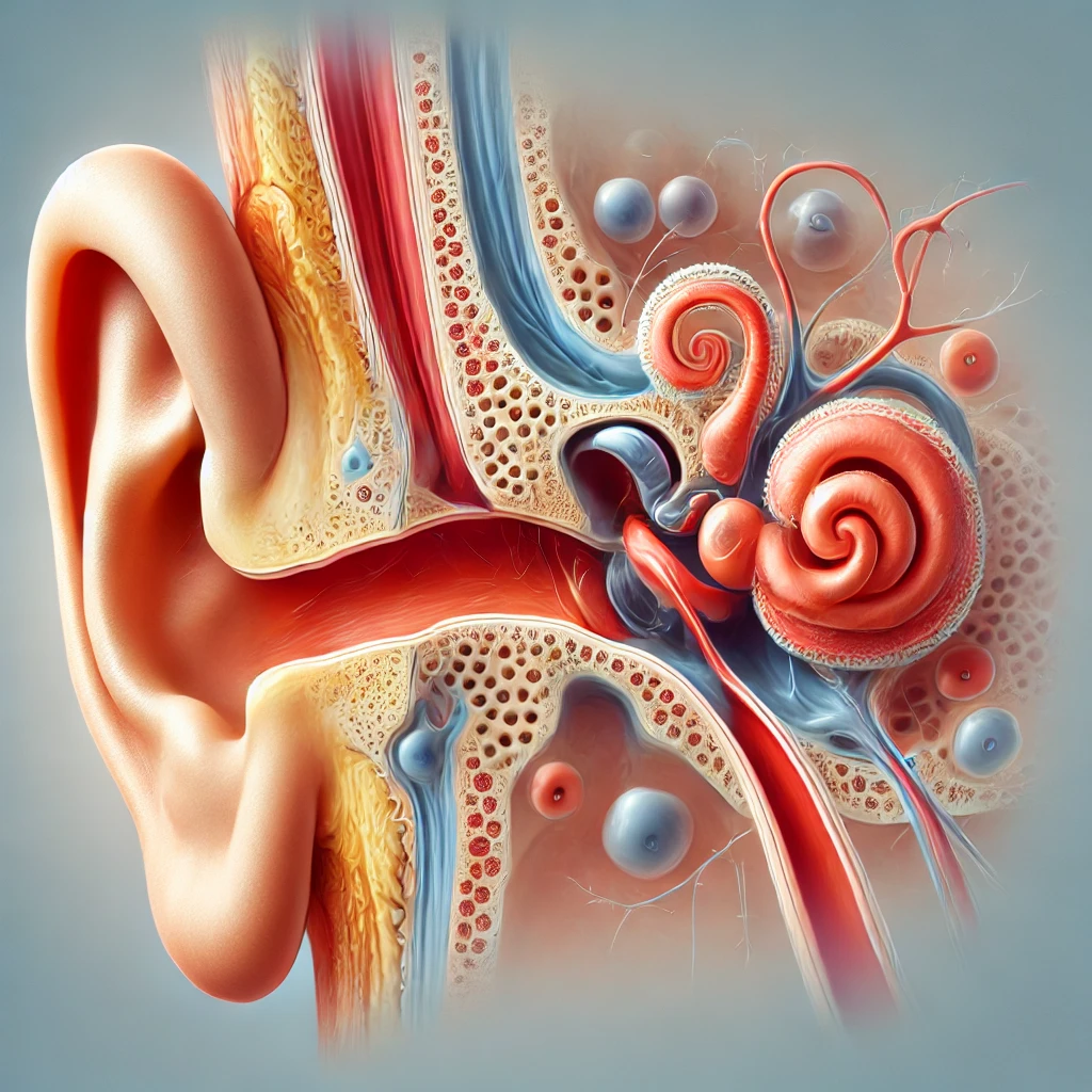 Illustration of otosclerosis showing abnormal bone growth affecting the stapes bone in the middle ear