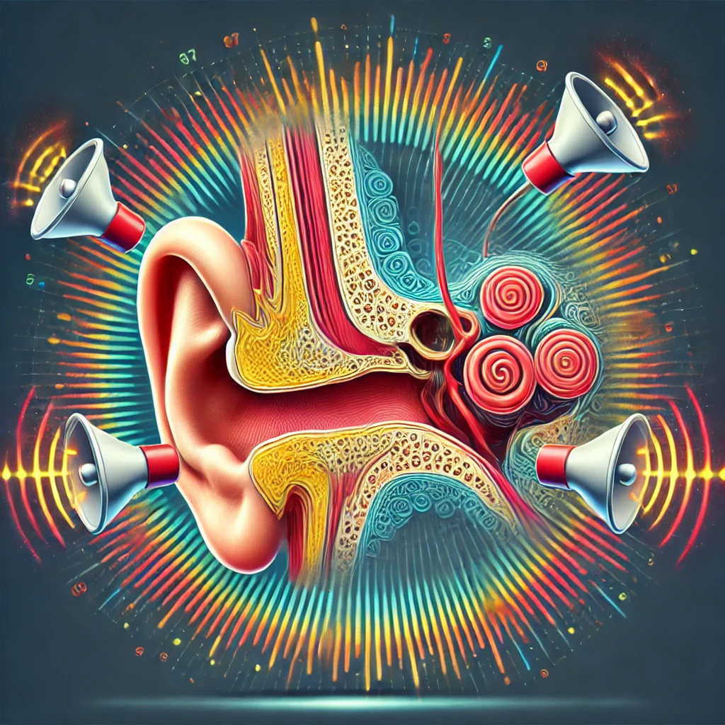 Illustration of hearing loss caused by chronic exposure to loud noise, showing damaged hair cells in the cochlea