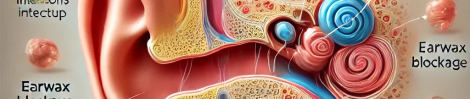 Comprehensive medical illustration showing various causes of hearing loss in one ear, including ear infections, earwax blockage, acoustic neuroma, and noise-induced damage