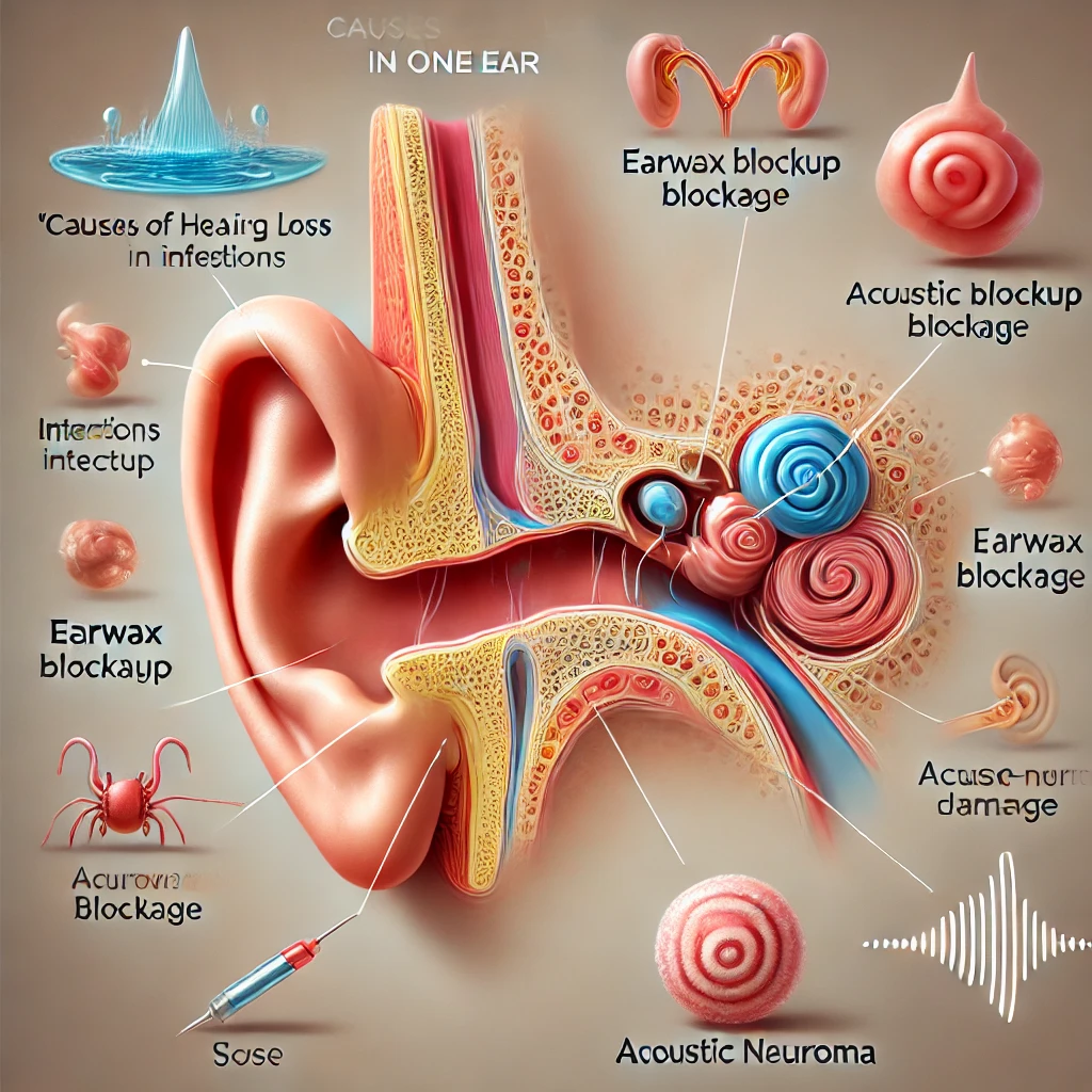 Comprehensive medical illustration showing various causes of hearing loss in one ear, including ear infections, earwax blockage, acoustic neuroma, and noise-induced damage