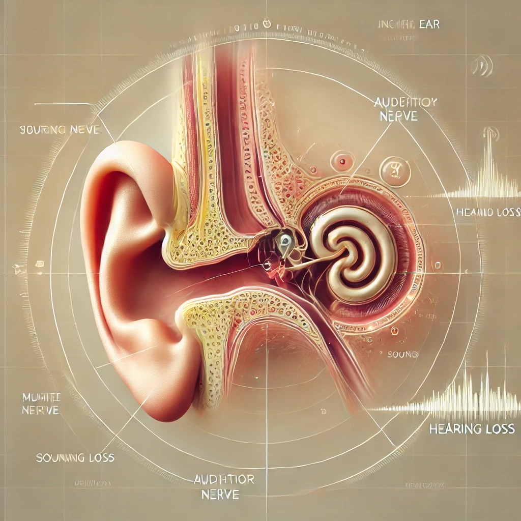 Medical illustration showing ear anatomy with auditory nerve and indicators of nerve damage, representing symptoms of ear nerve damage